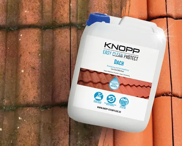 5 Liter Kanister Dachziegel Reiniger auf unregelmaessig verschmutzten Dachziegeln.