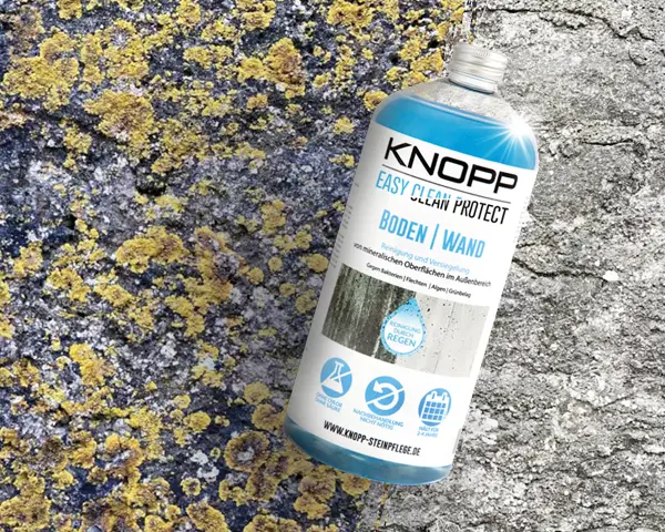 Flechtenentferner Produkt fuer Steinoberflaechen gegen Flechten Algen Pilze.